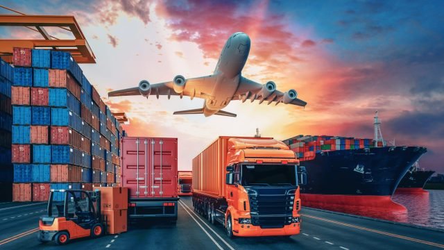 Transportation and logistics of Container Cargo ship and Cargo plane. 3d rendering and illustration.