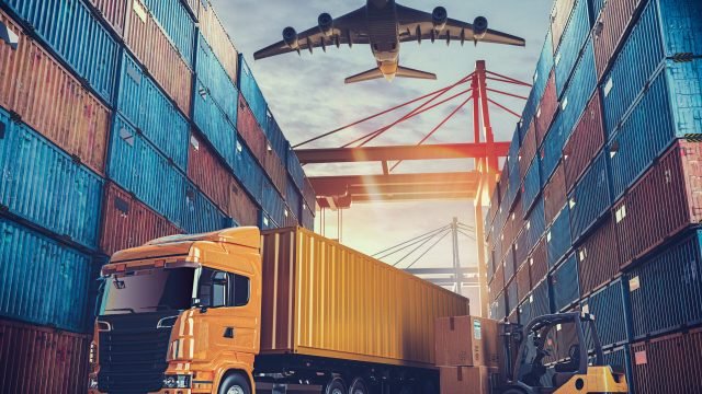 Transportation and logistics of Container Cargo ship and Cargo plane. 3d rendering and illustration.